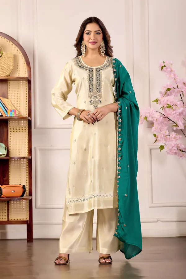 Cream_And_Teal_Viscose_Straight_Kurta_Set_for_Women