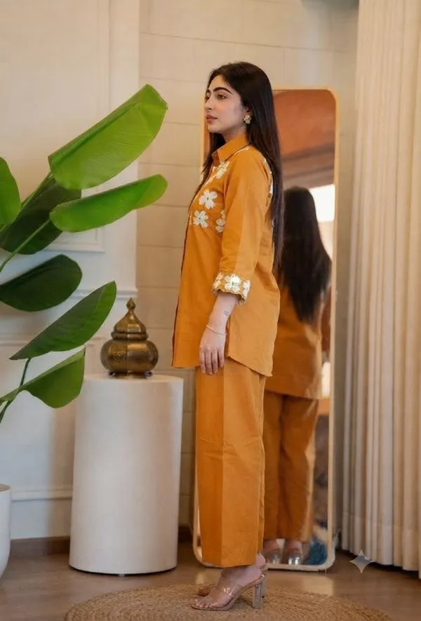 Mustard_Slub_Straight_Kurta_Set_For_Women