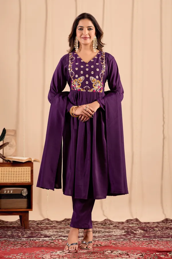 Purple_Embroidered_Flared_Kurta_Set_For_Women