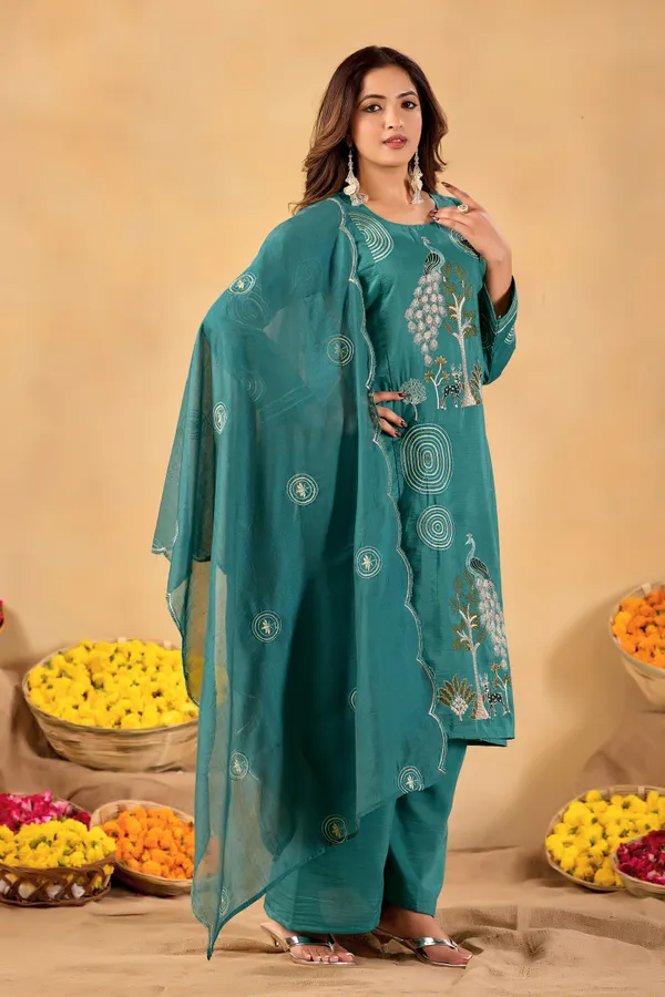 Teal_Cotton_Embroidered_Kurta_Palazzo_Dupatta_Set_For_Women