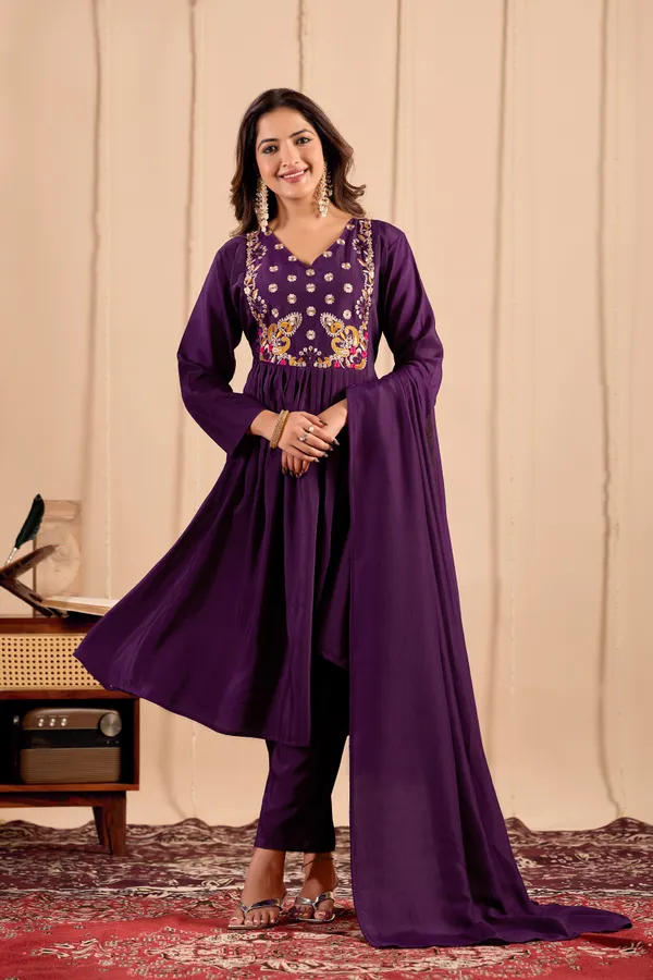Purple_Embroidered_Flared_Kurta_Set_For_Women