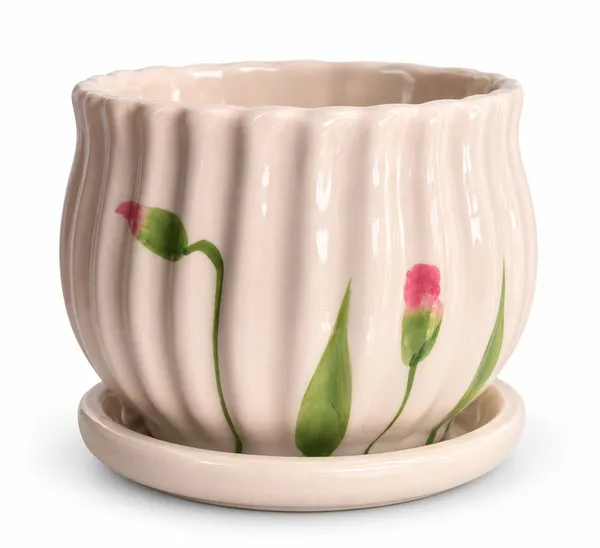 Ceramic_Floral_Print_Ribbed_Planter_With_Saucer