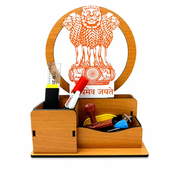 Ashoka_Emblem_Inspired_Wooden_Desk_Organizer_with_Pen_Stand_|_Multipurpose_Office_Table_Organizer_for_Pens,_Stationery_&_Accessories_|_Premium_Laminated_MDF_Wood_Desk_Caddy_for_Office,_Home_&_Study_Table