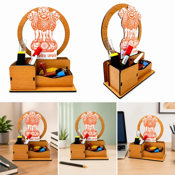 Mdf_Ashoka_Emblem_Multi-Compartment_Desk_Organizer_With_Pen_Stand