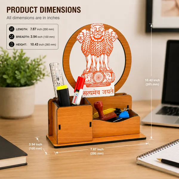 Mdf_Ashoka_Emblem_Multi-Compartment_Desk_Organizer_With_Pen_Stand