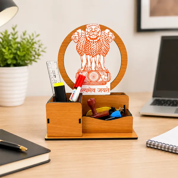 Mdf_Ashoka_Emblem_Multi-Compartment_Desk_Organizer_With_Pen_Stand