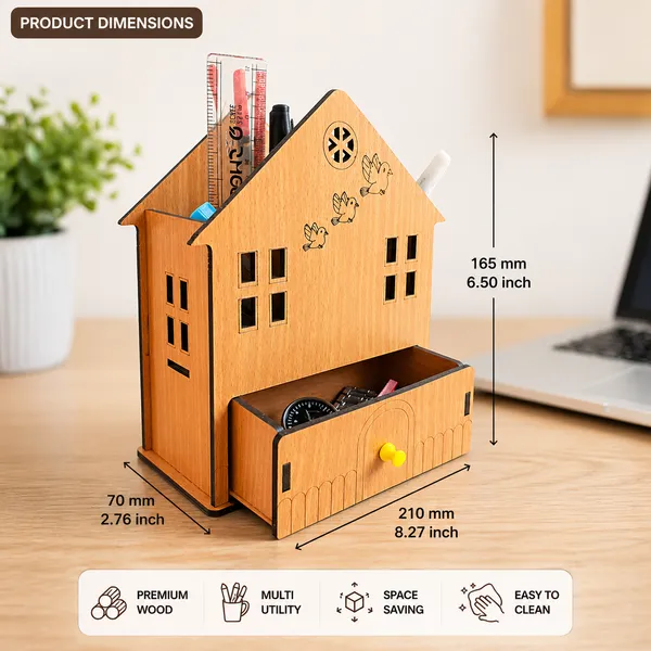 House_Shape_Wooden_Desk_Organizer_With_Drawer