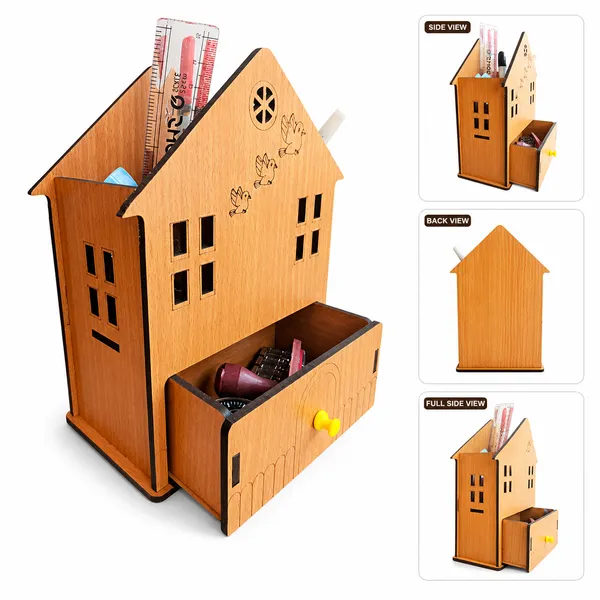 House_Shape_Wooden_Desk_Organizer_With_Drawer