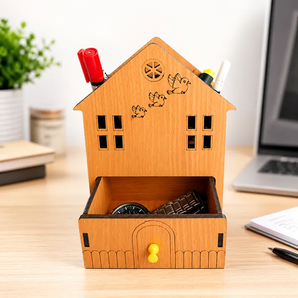 House_Shape_Wooden_Desk_Organizer_With_Drawer