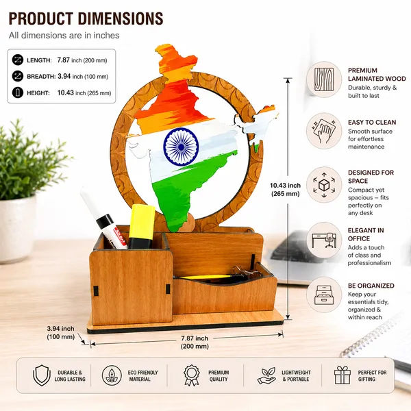 India_Map_Inspired_Wooden_Desk_Organizer_with_Pen_Stand_|_Premium_Laminated_MDF_Office_Table_Organizer_for_Pens,_Stationery_&_Accessories_|_Multipurpose_Desk_Caddy_for_Office,_Home_&_Study_Table