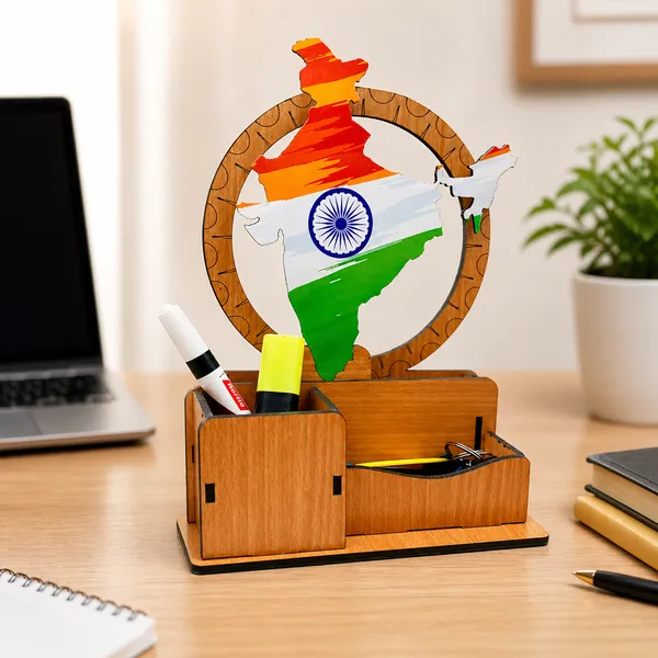 India_Map_Inspired_Wooden_Desk_Organizer_with_Pen_Stand_|_Premium_Laminated_MDF_Office_Table_Organizer_for_Pens,_Stationery_&_Accessories_|_Multipurpose_Desk_Caddy_for_Office,_Home_&_Study_Table