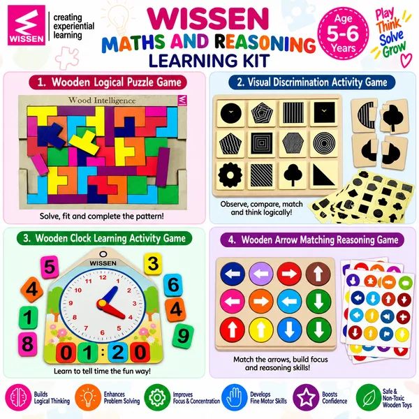 Wissen_Maths_&_Reasoning_Learning_Kit_for_Kids_Age_5–6_Years_|_4-in-1_Wooden_Educational_Activity_Games_|_Tangram_Logical_Puzzle,_Visual_Discrimination,_Clock_Learning_&_Arrow_Matching_Game_|_Preschool_&_Early_Learning_Toy