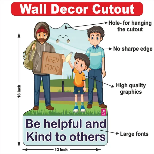 Wooden(MDF)_Wall_Decor_Cutout_for_kids-_Be_helpful_and_kind_to_others_-Learning_through_Fun_design_-_12*18_inch