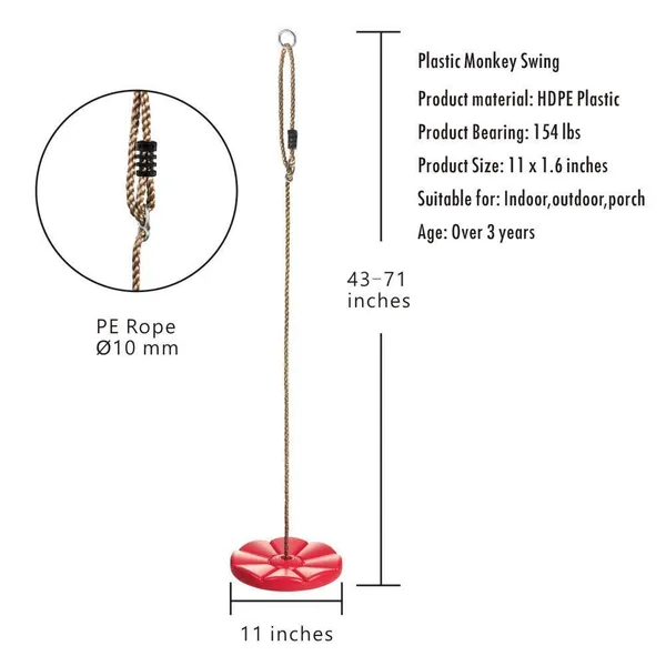 Reznor_Disc_Seat_Rope_Swing_Set_Easy_To_Hang_Daisy_Monkey_Swing_Disk_For_Kids_To_Play_Outdoors_With_Adjustable_Height_Red