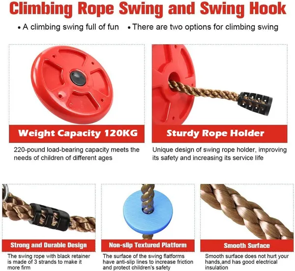 Reznor_Plastic_Platforms_Disc_Tree_Swing_Seat_And_Climbing_Knot_Rope_With_Carabiner_Hook_For_Kids_Outdoor_Playground_Set,_Multicolour