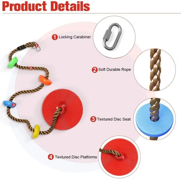 Reznor_Plastic_Platforms_Disc_Tree_Swing_Seat_And_Climbing_Knot_Rope_With_Carabiner_Hook_For_Kids_Outdoor_Playground_Set,_Multicolour