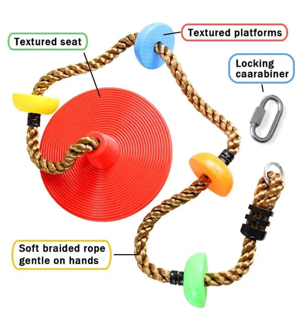 Reznor_Plastic_Platforms_Disc_Tree_Swing_Seat_And_Climbing_Knot_Rope_With_Carabiner_Hook_For_Kids_Outdoor_Playground_Set,_Multicolour