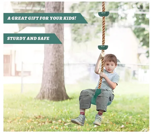 Reznor_Plastic_Platforms_Disc_Tree_Swing_Seat_And_Climbing_Knot_Rope_With_Carabiner_Hook_For_Kids_Outdoor_Playground_Set,_Green