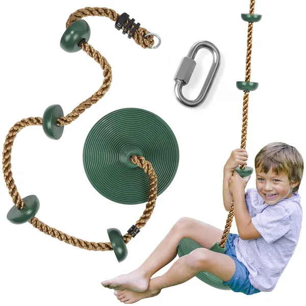 Reznor_Plastic_Platforms_Disc_Tree_Swing_Seat_And_Climbing_Knot_Rope_With_Carabiner_Hook_For_Kids_Outdoor_Playground_Set,_Green