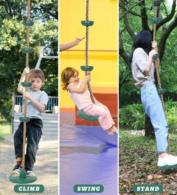 Reznor_Plastic_Platforms_Disc_Tree_Swing_Seat_And_Climbing_Knot_Rope_With_Carabiner_Hook_For_Kids_Outdoor_Playground_Set,_Green