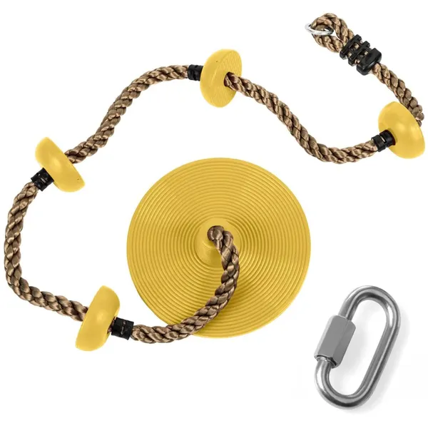 Reznor_Plastic_Platforms_Disc_Tree_Swing_Seat_And_Climbing_Knot_Rope_With_Carabiner_Hook_For_Kids_Outdoor_Playground_Set,_Yellow