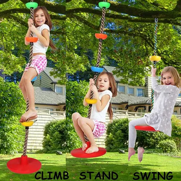 Reznor_Plastic_Platforms_Disc_Tree_Swing_Seat_And_Climbing_Knot_Rope_With_Carabiner_Hook_For_Kids_Outdoor_Playground_Set,_Red