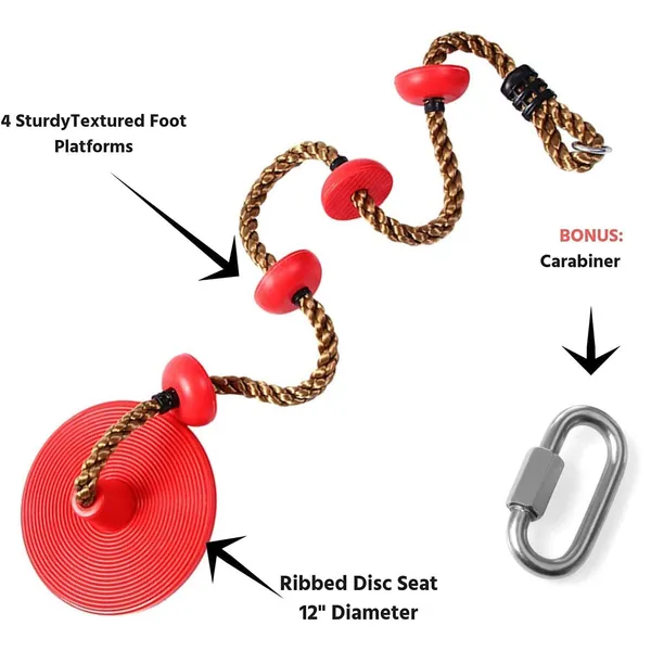 Reznor_Plastic_Platforms_Disc_Tree_Swing_Seat_And_Climbing_Knot_Rope_With_Carabiner_Hook_For_Kids_Outdoor_Playground_Set,_Red