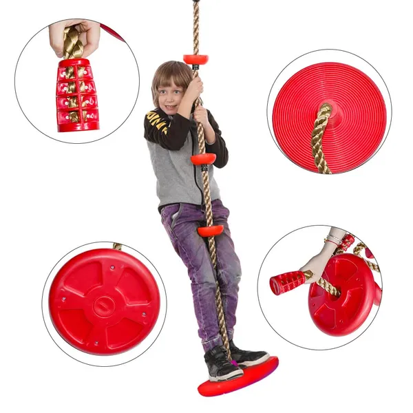 Reznor_Plastic_Platforms_Disc_Tree_Swing_Seat_And_Climbing_Knot_Rope_With_Carabiner_Hook_For_Kids_Outdoor_Playground_Set,_Red