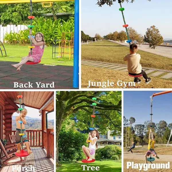 Reznor_Plastic_Platforms_Disc_Tree_Swing_Seat_And_Climbing_Knot_Rope_With_Carabiner_Hook_For_Kids_Outdoor_Playground_Set,_Red