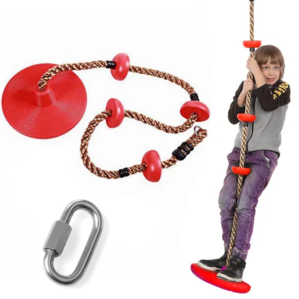 Reznor_Plastic_Platforms_Disc_Tree_Swing_Seat_And_Climbing_Knot_Rope_With_Carabiner_Hook_For_Kids_Outdoor_Playground_Set,_Red