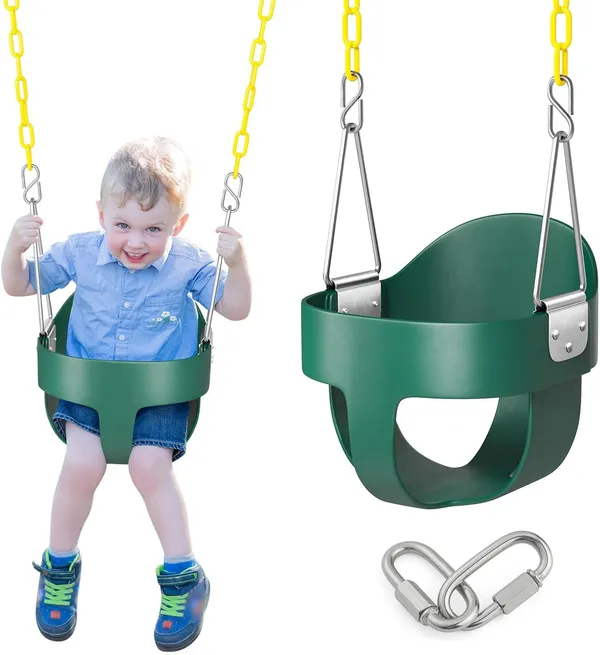 Reznor_Heavy_Duty_High_Back_Full_Bucket_Toddler_Swing_Seat_With_60_Inch_Coated_Swing_Chains_And_Carabiners_For_Easy_Install_Fully_Assembled,_Green/Yellow