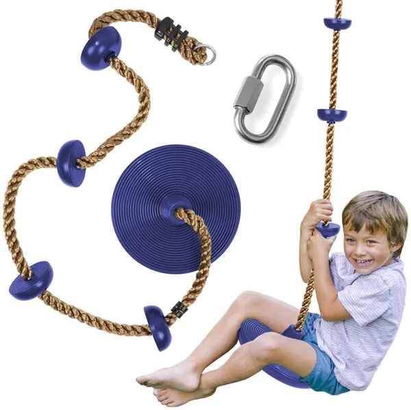 Reznor_Plastic_Platforms_Disc_Tree_Swing_Seat_And_Climbing_Knot_Rope_With_Carabiner_Hook_For_Kids_Outdoor_Playground_Set,_Blue