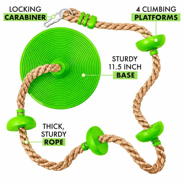 Reznor_Plastic_Platforms_Disc_Tree_Swing_Seat_And_Climbing_Knot_Rope_With_Carabiner_Hook_For_Kids_Outdoor_Playground_Set,_Parrot_Green