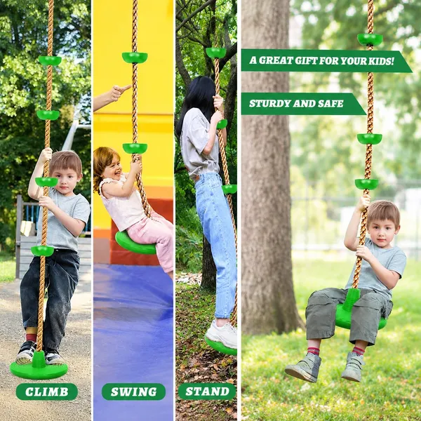 Reznor_Plastic_Platforms_Disc_Tree_Swing_Seat_And_Climbing_Knot_Rope_With_Carabiner_Hook_For_Kids_Outdoor_Playground_Set,_Parrot_Green