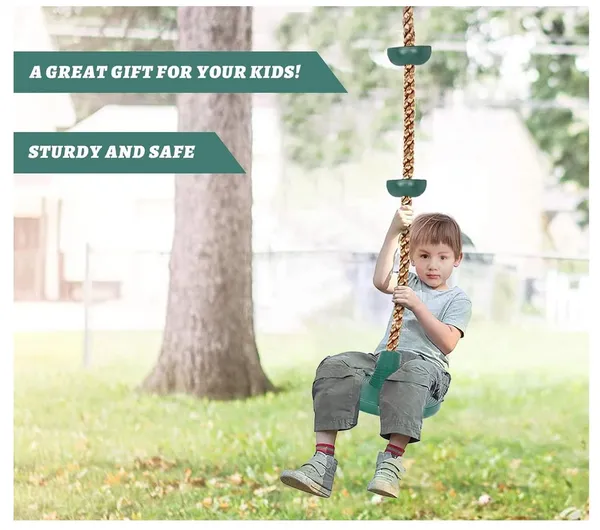 Reznor_Plastic_Platforms_Disc_Tree_Swing_Seat_And_Climbing_Knot_Rope_With_Carabiner_Hook_For_Kids_Outdoor_Playground_Set,_Parrot_Green