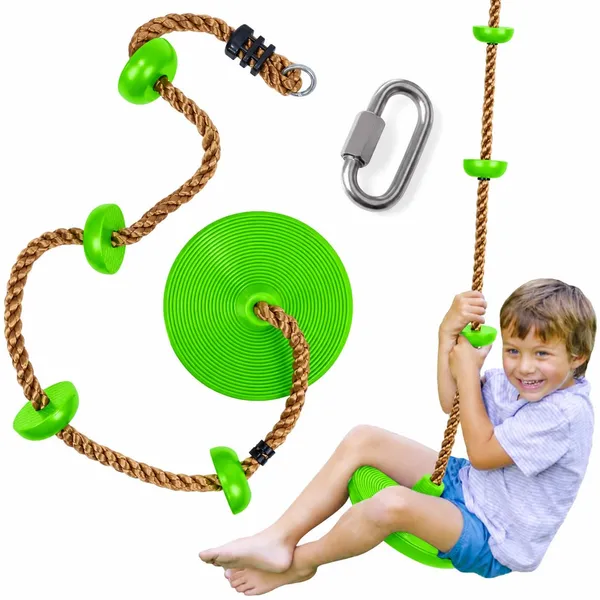 Reznor_Plastic_Platforms_Disc_Tree_Swing_Seat_And_Climbing_Knot_Rope_With_Carabiner_Hook_For_Kids_Outdoor_Playground_Set,_Parrot_Green
