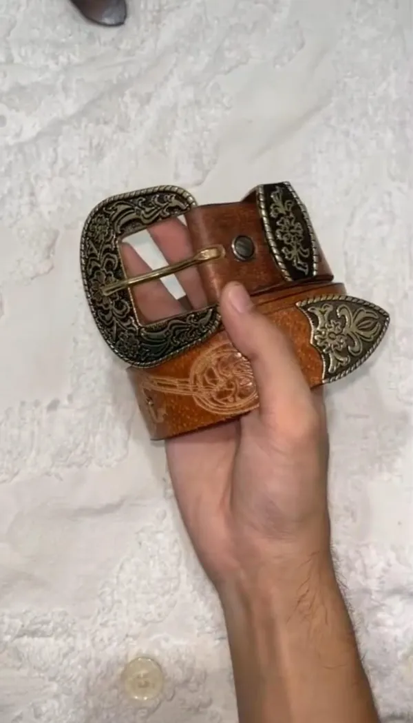 Tan_Grain_Leather_Western_Floral_Embossed_Belt_For_Unisex
