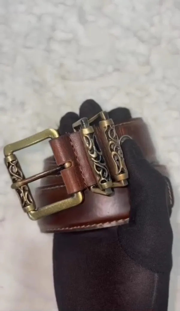 Brown_Grain_Leather_Antique_Gold_Buckle_Belt_For_Unisex
