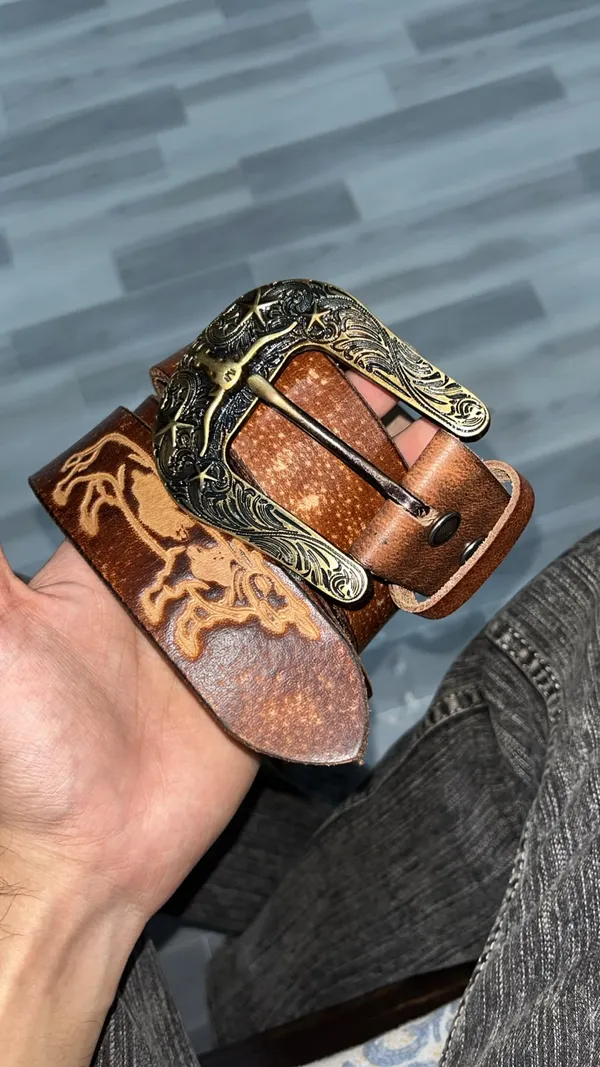 Tan_Grain_Leather_Western_Cow_Embossed_Belt_For_Unisex