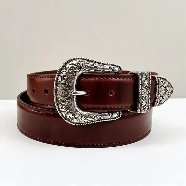 Brown_Grain_Leather_Western_Silver_Engraved_Buckle_Belt_For_Unisex