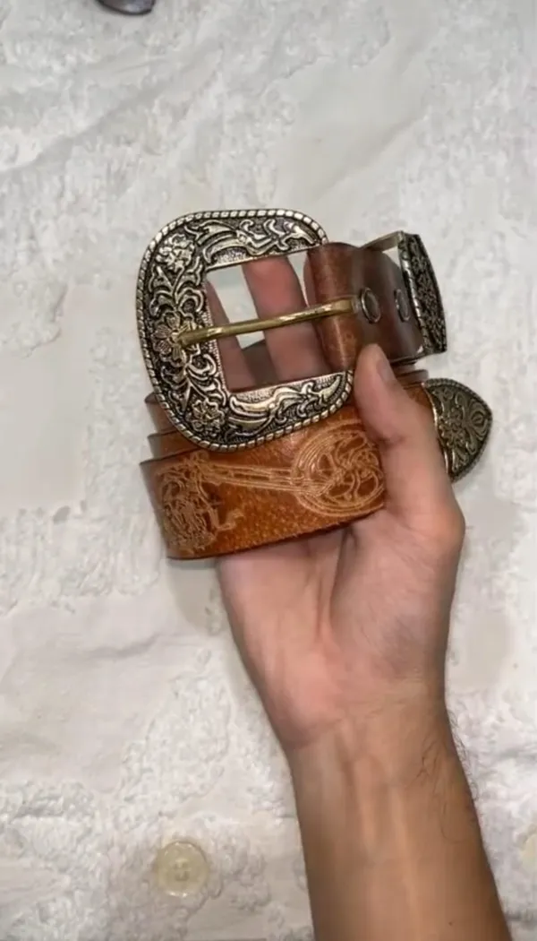 Tan_Grain_Leather_Western_Floral_Embossed_Belt_For_Unisex