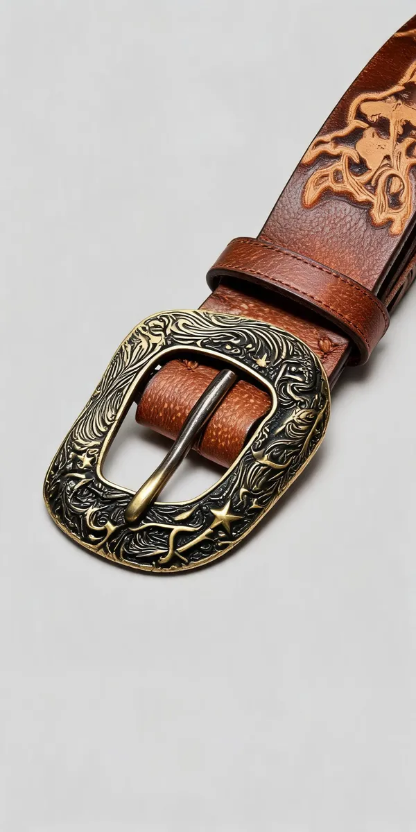 Tan_Grain_Leather_Western_Cow_Embossed_Belt_For_Unisex