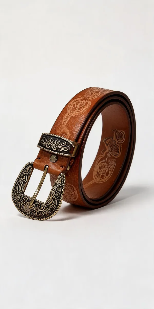 Tan_Grain_Leather_Western_Floral_Embossed_Belt_For_Unisex