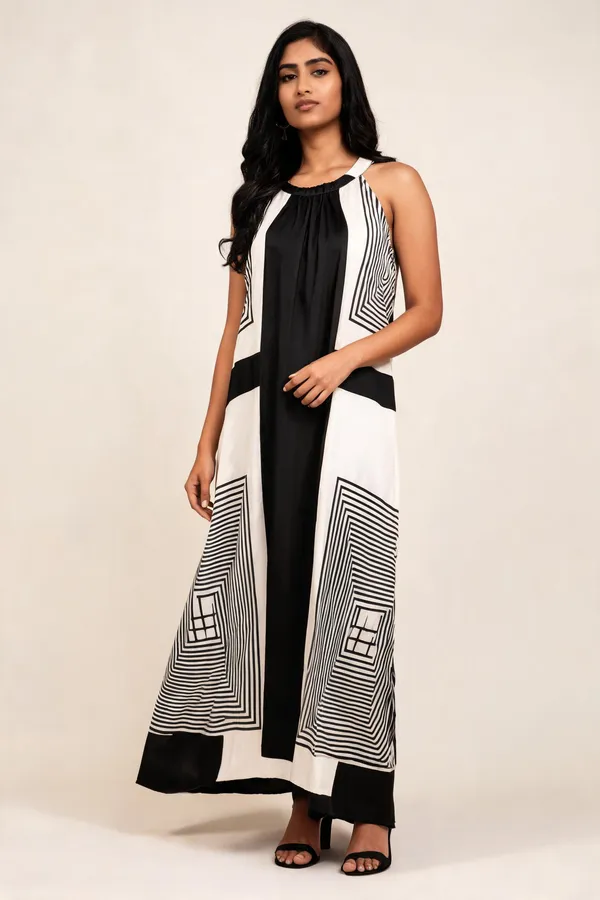 Black_White_Satin_Geometric_Print_Halter_Maxi_Dress_For_Women