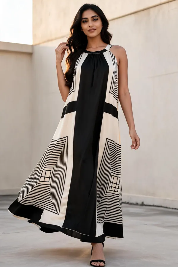 Black_White_Satin_Geometric_Print_Halter_Maxi_Dress_For_Women