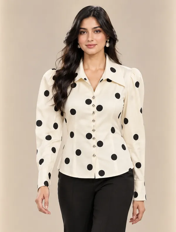 Cream_Satin_Polka_Dot_Button_Down_Shirt_For_Women