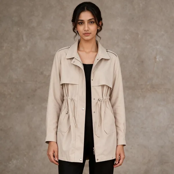 Beige_Cotton_Longline_Drawstring_Jacket_For_Women