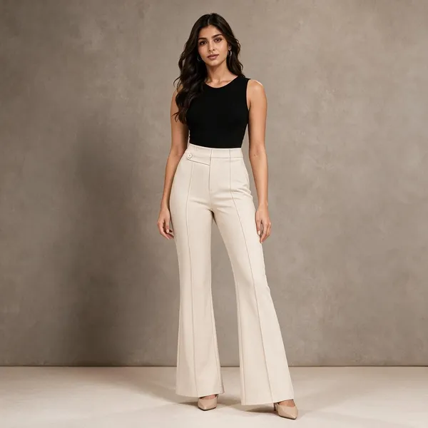 Cream_Viscose_Lycra_High_Waist_Flared_Trousers_For_Women