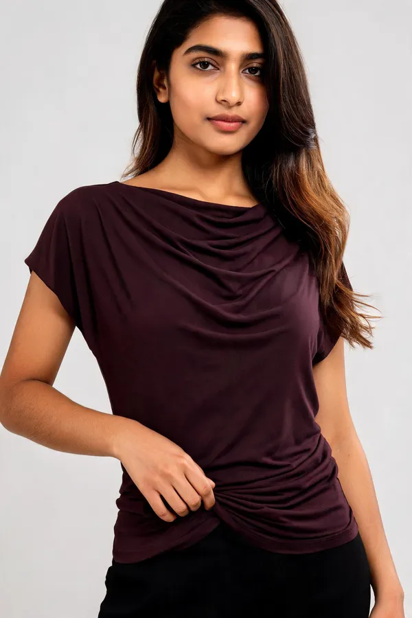 Dark_Brown_Lycra_Draped_Fit_Short_Sleeve_Top_For_Women