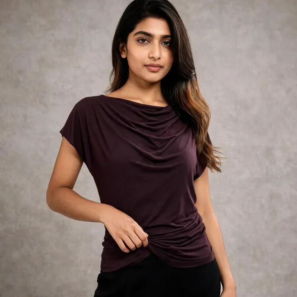 Dark_Brown_Lycra_Draped_Fit_Short_Sleeve_Top_For_Women
